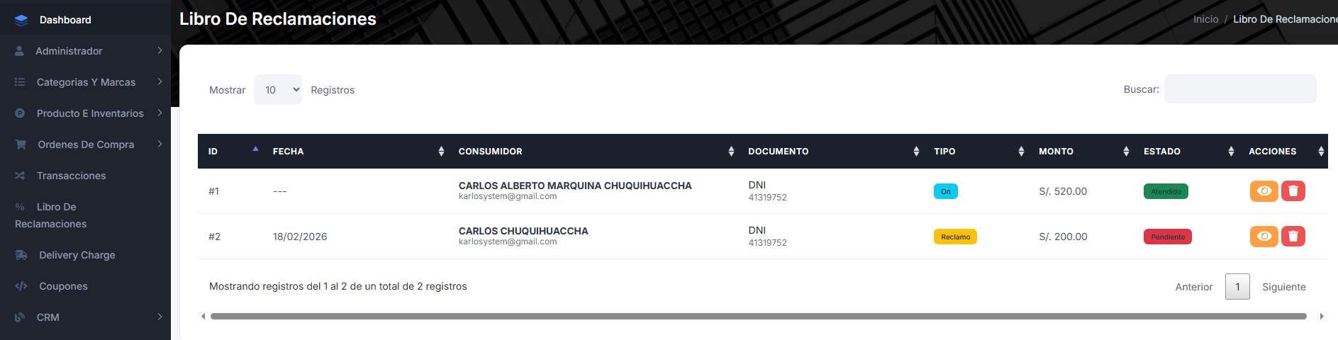 Panel de administración Libro de Reclamaciones Lima